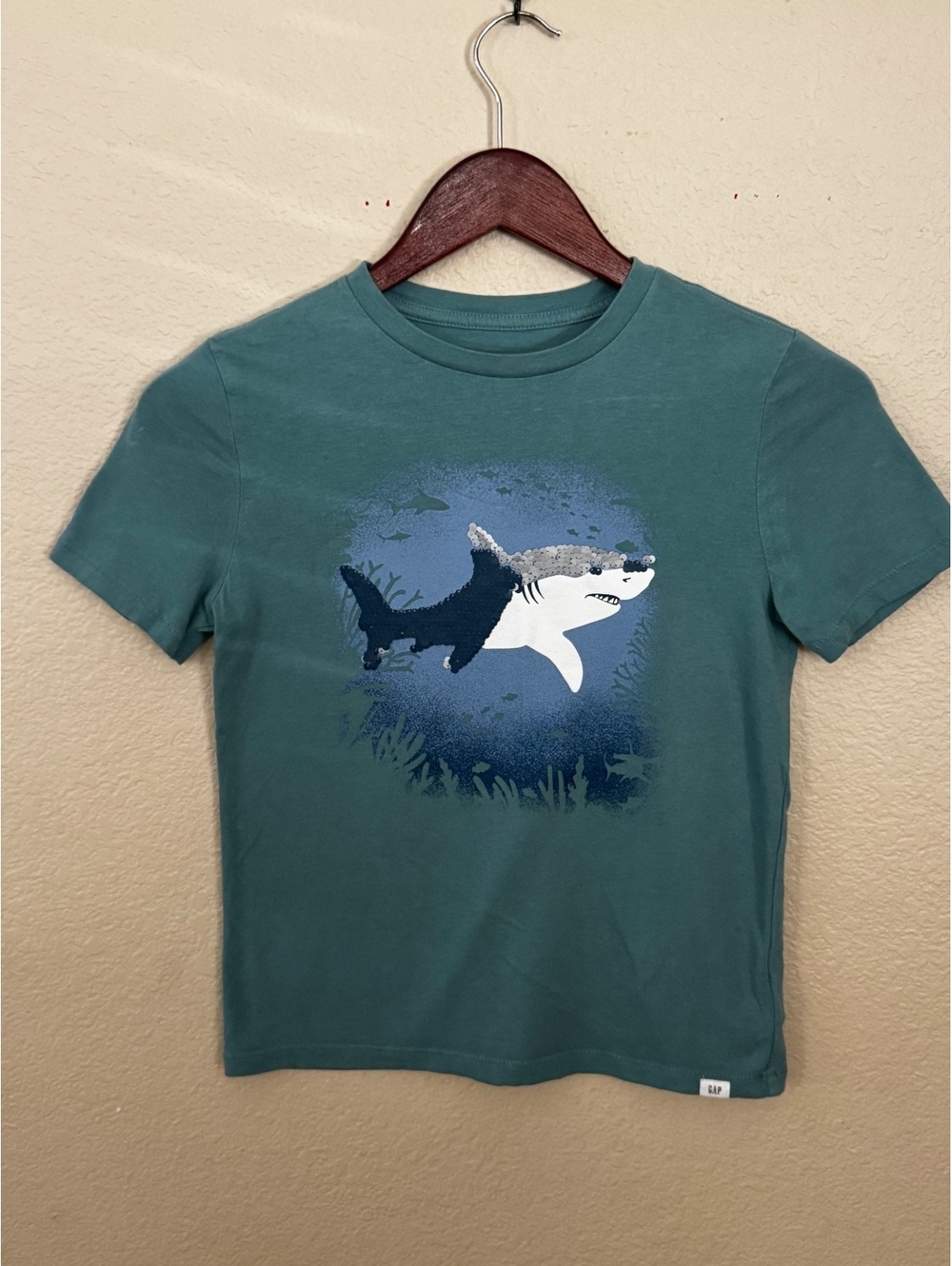 GAP Teal Shark Graphic T-Shirt Sequin Detail